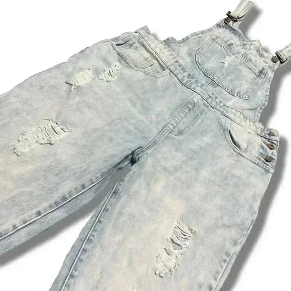 Forever 21 Women's Distressed Denim Overalls Blue Size 24 - Picture 4 of 7